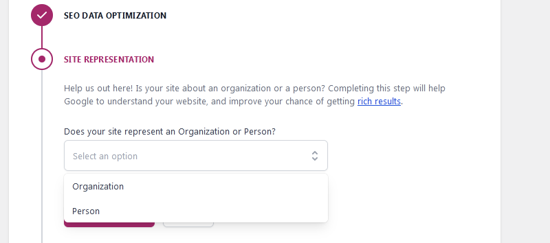 Chọn Site representation là Organization or person