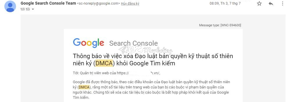 Google thông báo án phạt DMCA và bị xóa nội dung trên Google