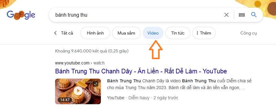 Người dùng click mục "Video" trên Google Search