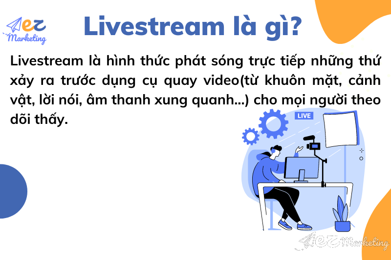 Livestream là hình thức phát sóng trực tiếp những thứ xảy ra trước dụng cụ quay video(từ khuôn mặt, cảnh vật, lời nói, âm thanh xung quanh...) cho mọi người theo dõi thấy.