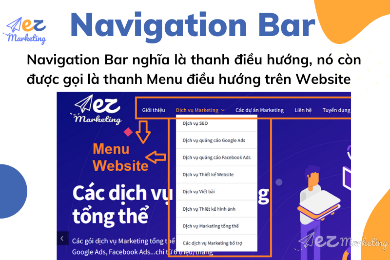 Navigation Bar nghĩa là thanh điều hướng, nó còn được gọi là thanh Menu điều hướng trên Website