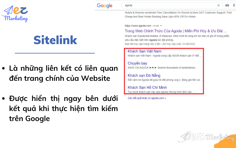 Sitelink là những liên kết có liên quan đến trang chính của Website và được hiển thị ngay bên dưới kết quả khi thực hiện tìm kiếm trên Google.