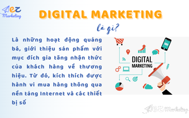 Digital Marketing là những hoạt động quảng bá, giới thiệu sản phẩm/dịch vụ với mục đích gia tăng nhận thức của khách hàng về thương hiệu