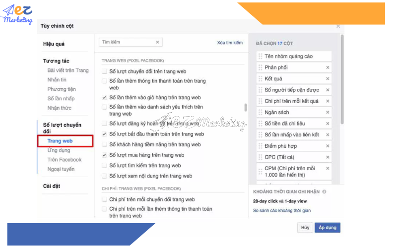 Dưới đây là bảng báo cáo Facebook Pixel đầy đủ khi trả về
