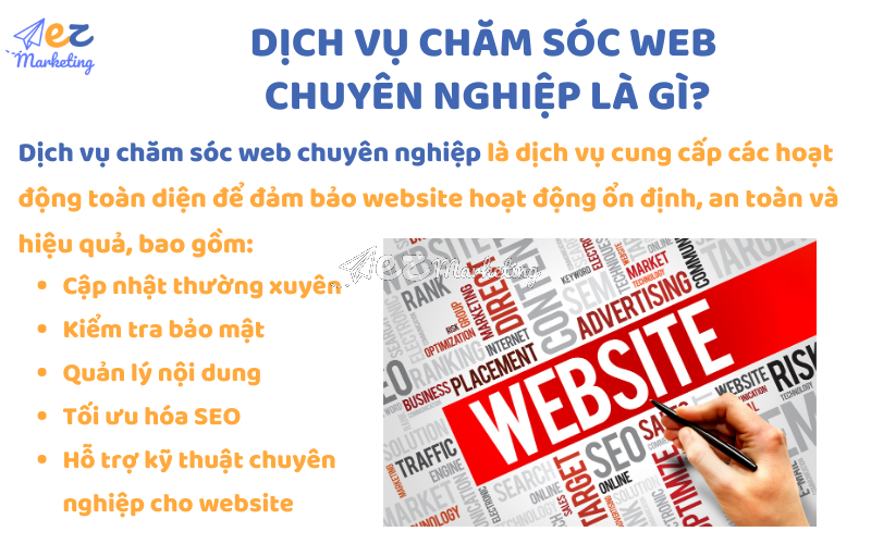 Dịch vụ chăm sóc web chuyên nghiệp là dịch vụ cung cấp các hoạt động toàn diện để đảm bảo website hoạt động ổn định, an toàn và hiệu quả